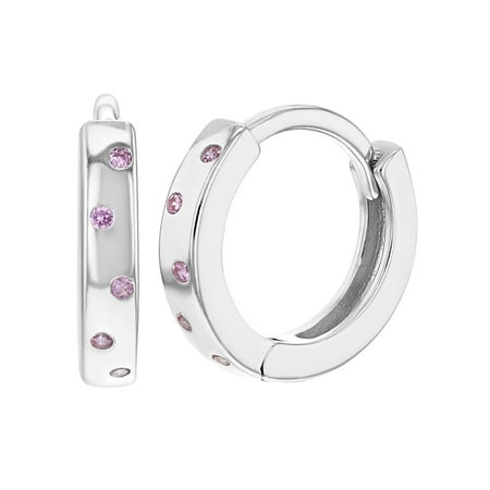 Dotted Hoop - 925 Sterling Silver Pink CZ Dots Huggie Hoop Earrings for Girls or Teens