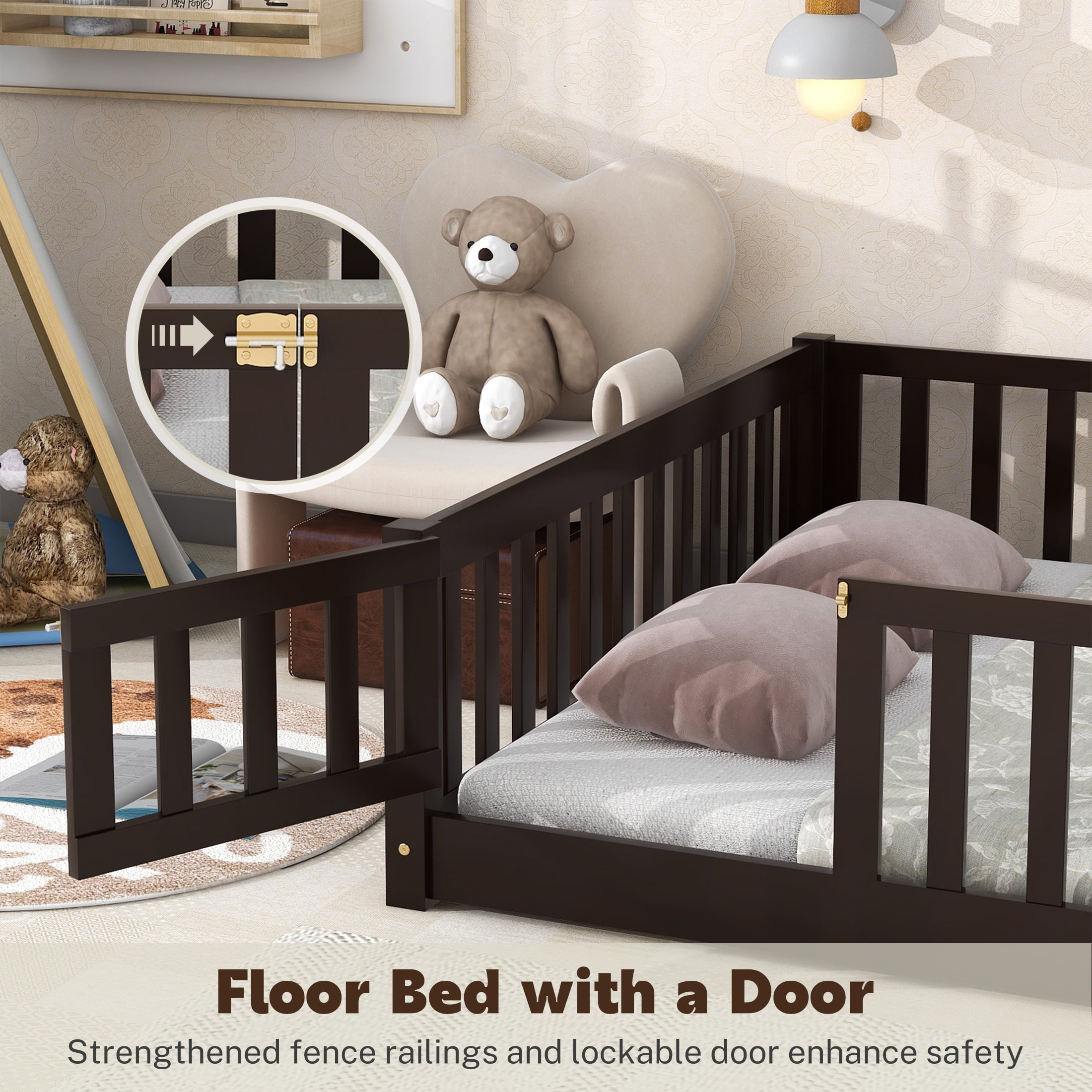 PAPROOS Full Montessor Floor Bed, Solid Wood Toddler Bed with Safety Guardrail and Door, Easy Assembly, Low-to-Floor Bed Frame with Slats for Kids, Espresso