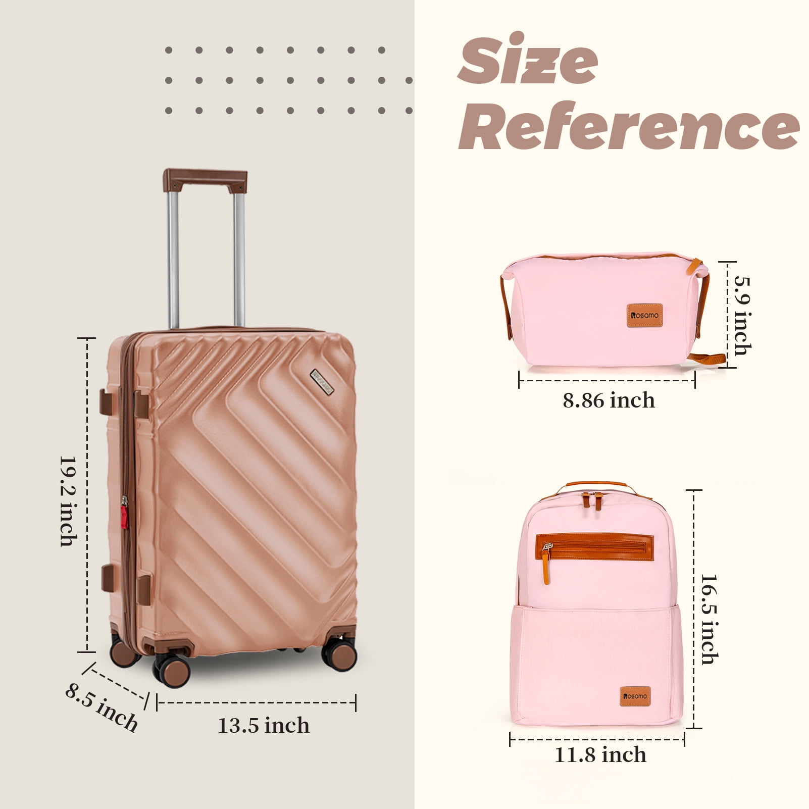 Rosamo 3-Piece 20 inch Hardside Luggage Set, Carry on Suitcase with Spinner Wheels & TSA Lock, Travel Backpack with USB & Type-C Charging Port, Toiletry Bag, Pink