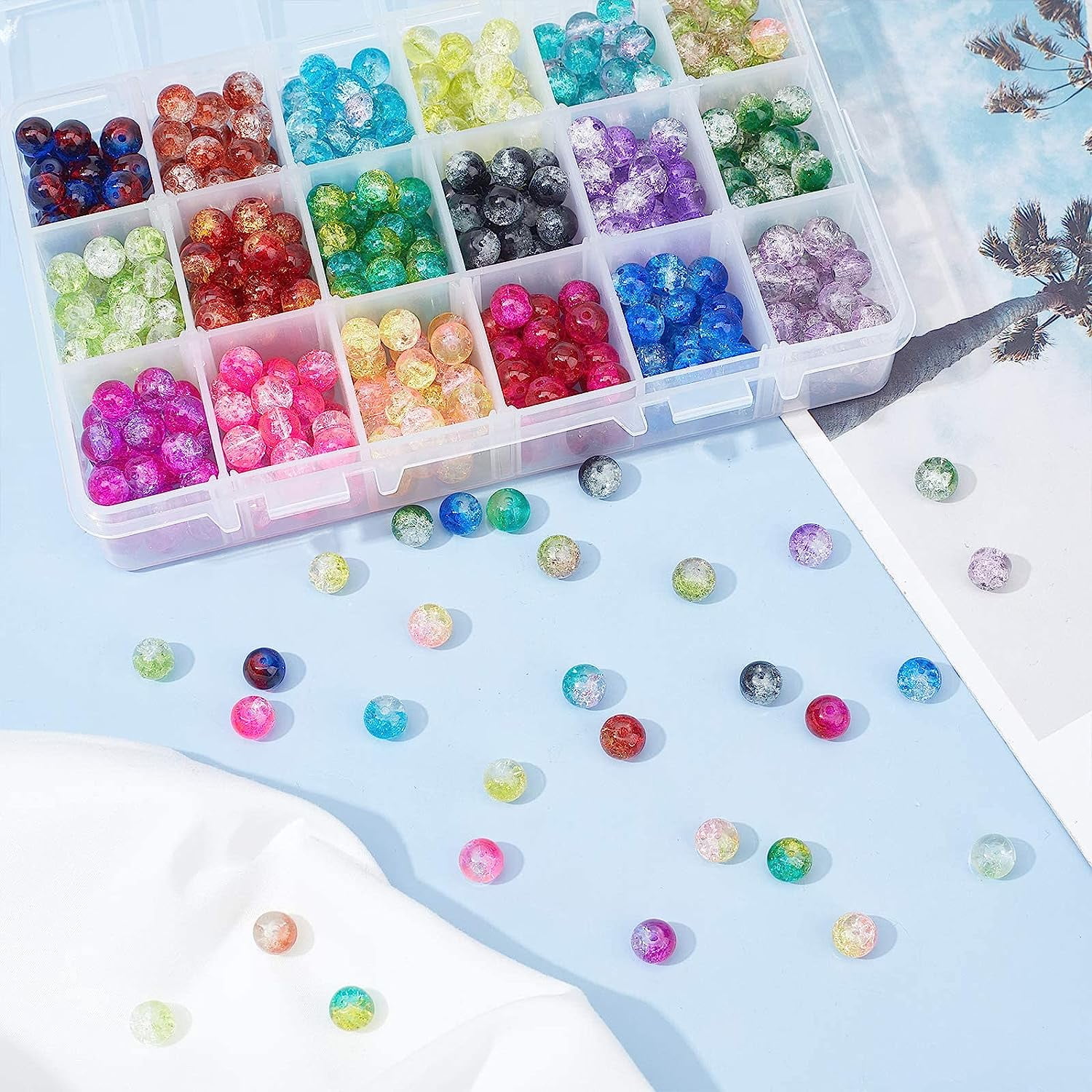 PH 8mm Glass Beads 630pcs 18 Colors Beads for Jewelry Making with Scissors Elastic Thread Beading Needles for Christmas Tree Decoration for DIY