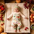 thumbnail image 2 of Baby 3-Piece Vegetable Print Outfit Long Sleeve Farmerâs Market Bodysuit Jogger Pants Knotted Hat Soft Casual Matching Clothing Set for Boys Girls(Orange,6-9 Months), 2 of 9