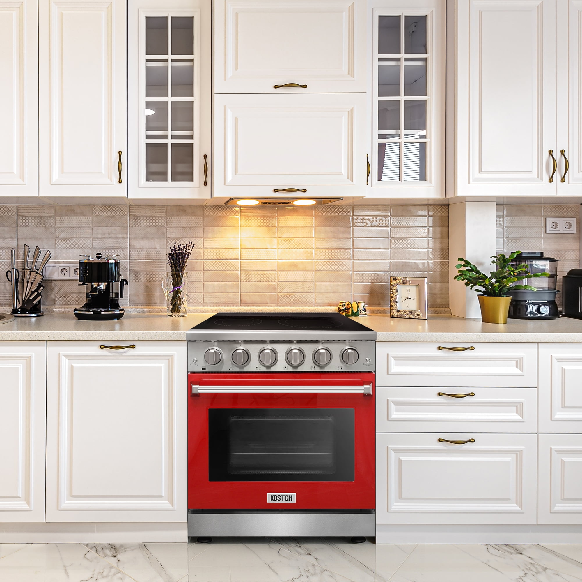 Kostch 30in. Freestanding Electric Range in Stainless Steel with 4.55 Cu. ft. Convection Oven and 5 Burners Cooktop, Red Door