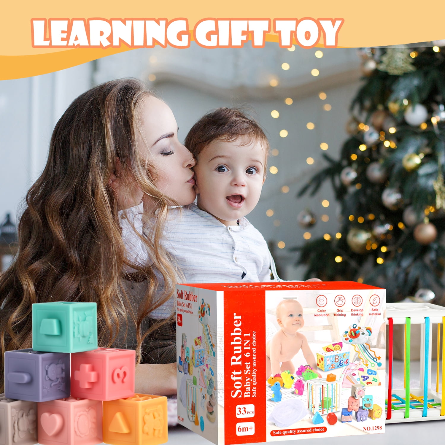 UQN Montessori Toys for 1 2 Year Old, 6 in 1 Baby Toys for 6-12-18 Months, Infant Sensory Toy Set , Shape Sorter and Activity Toys, Learning Gifts for Baby Boys Girls,Christmas Birthday Gift