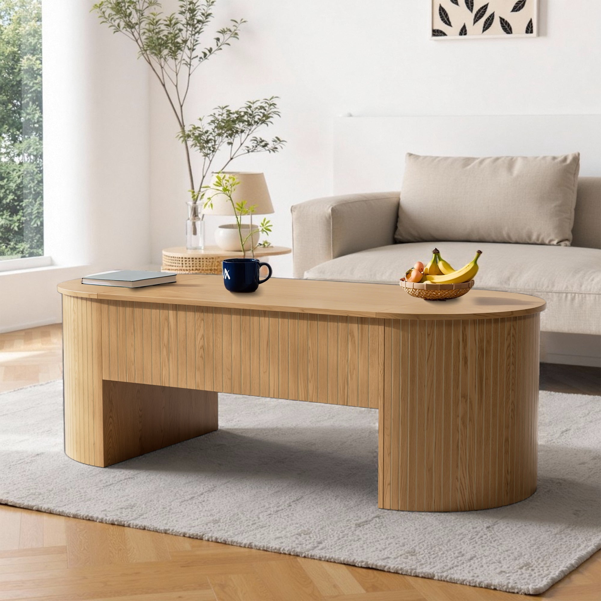 Oubayajia Fluted Coffee Table with Lifting Top and Hidden Storage, Mid Century Modern Coffee Table for Living Room, Office, Natural