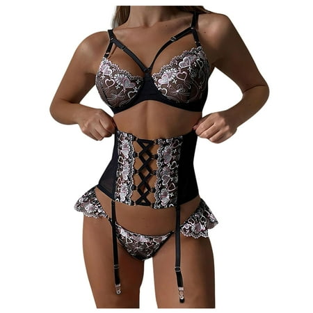 

DENGDENG Lace Sexy Sheer Lingerie for Women Bodysuit Strappy Lingerie Set with Garter Black 2X