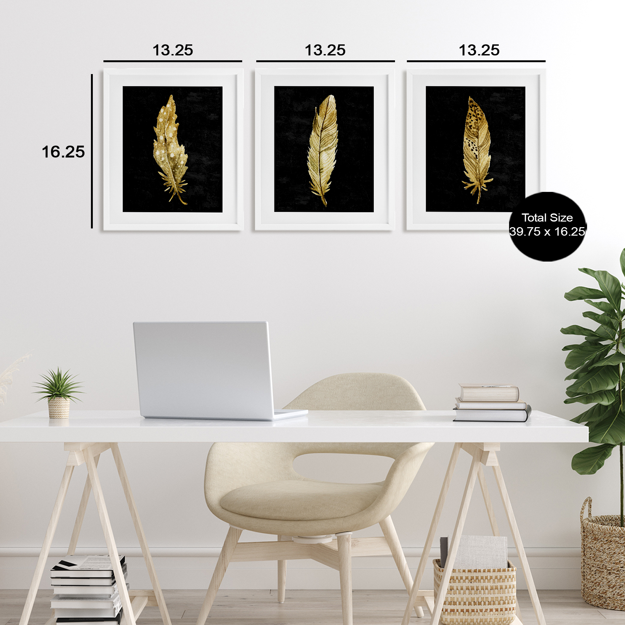 Black & Gold Feathers 3 Piece White Framed Print Under Glass Set, design by Kim Allen