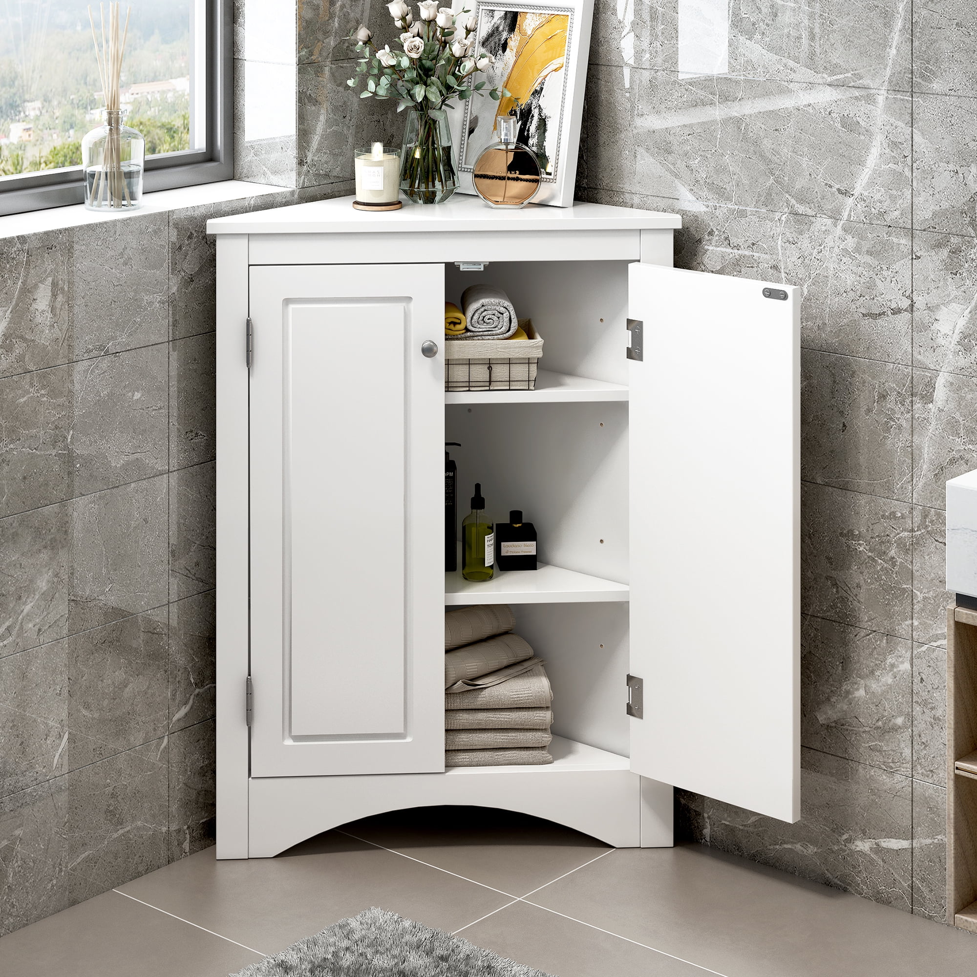 Royard Oaktree Corner Storage Cabinet with Doors and 3 Adjustable Shelves Freestanding Floor Bathroom Cabinet Modern Cupboard Organizer for Kitchen Living Room Bedroom,White