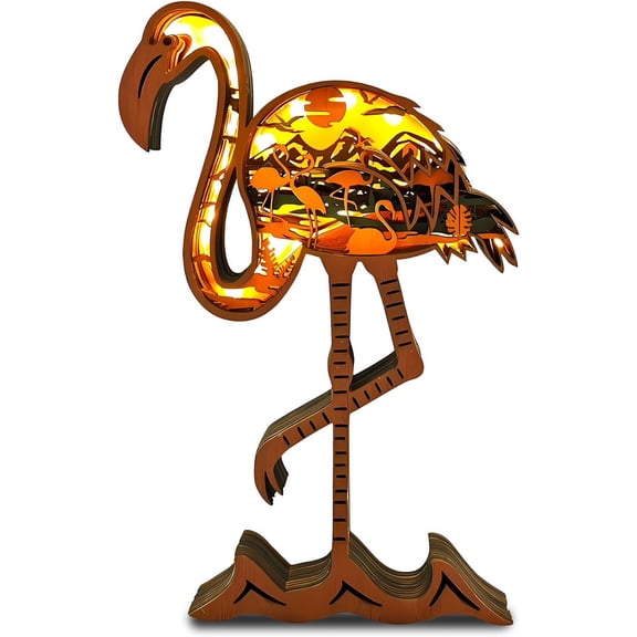 3D Wooden Animals Carving LED Night Light, Flamingo Decor Wood Carved Lamp Cabin Statues Wall Hanging Figurines Modern Sculpture Silhouette Ornament for Bedroom Desktop Desk Table for Festival Gifts