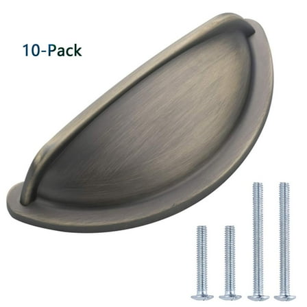 10-Pack Wide Bin Cup Drawer Pulls - 3.69 Inch Length Cabinet Handles (3 Inch Hole Center) - Antique Brass Finish - Dresser & Cabinet Hardware for Bedroom Furniture.