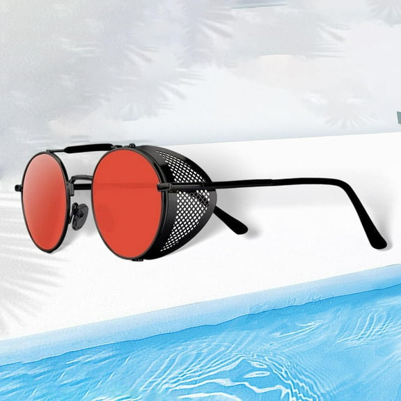 Round Steampunk Light 400 Protection Glasses Eyewear for Unisex Red Lens