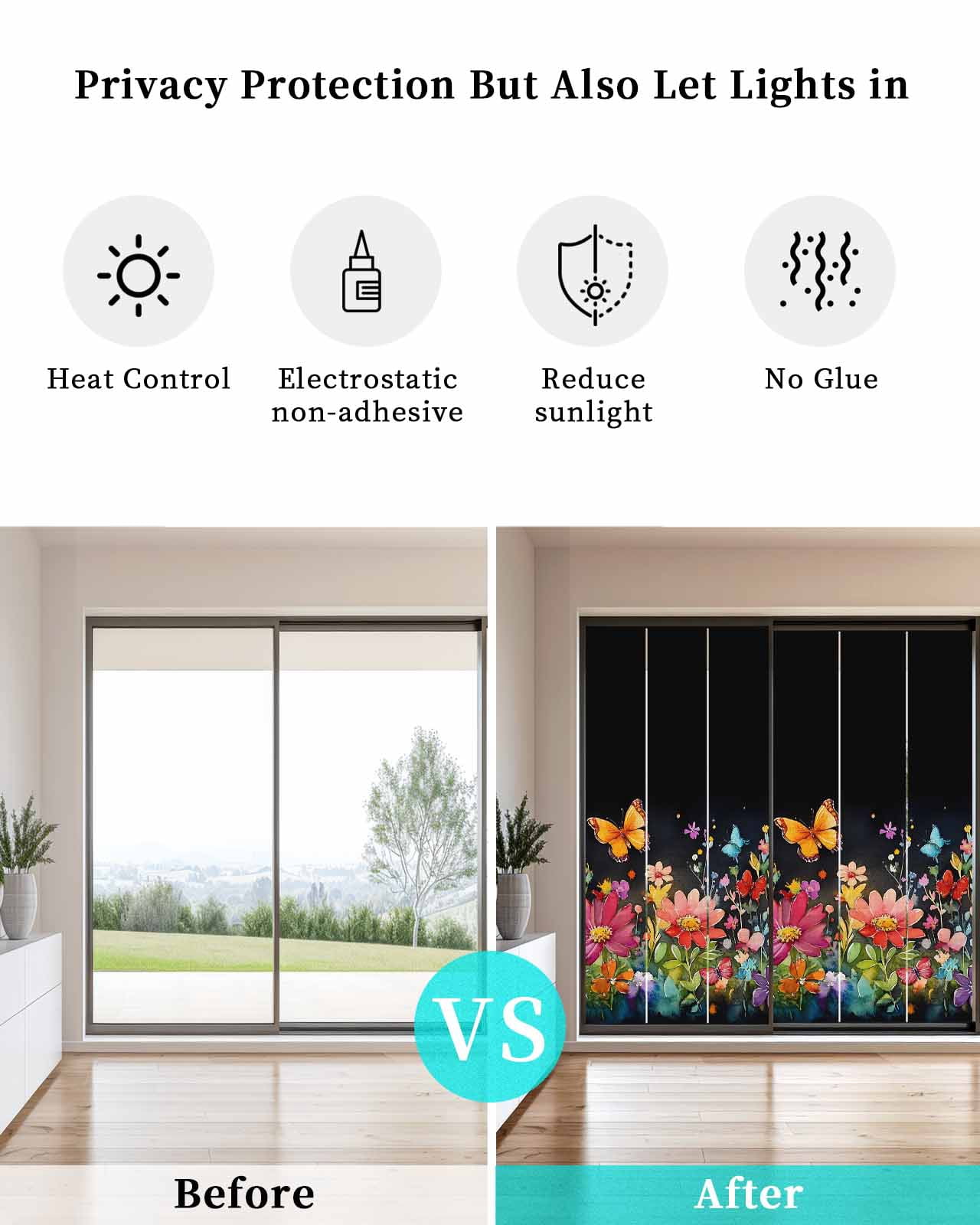 Window Privacy Film Elegant Spring Floral Stained Glass Window Film Decorative Sun Block Window Cover Pastoral Flowers Window Clings Static Adhesive Sticker for Bathroom 35.4"x78.7"