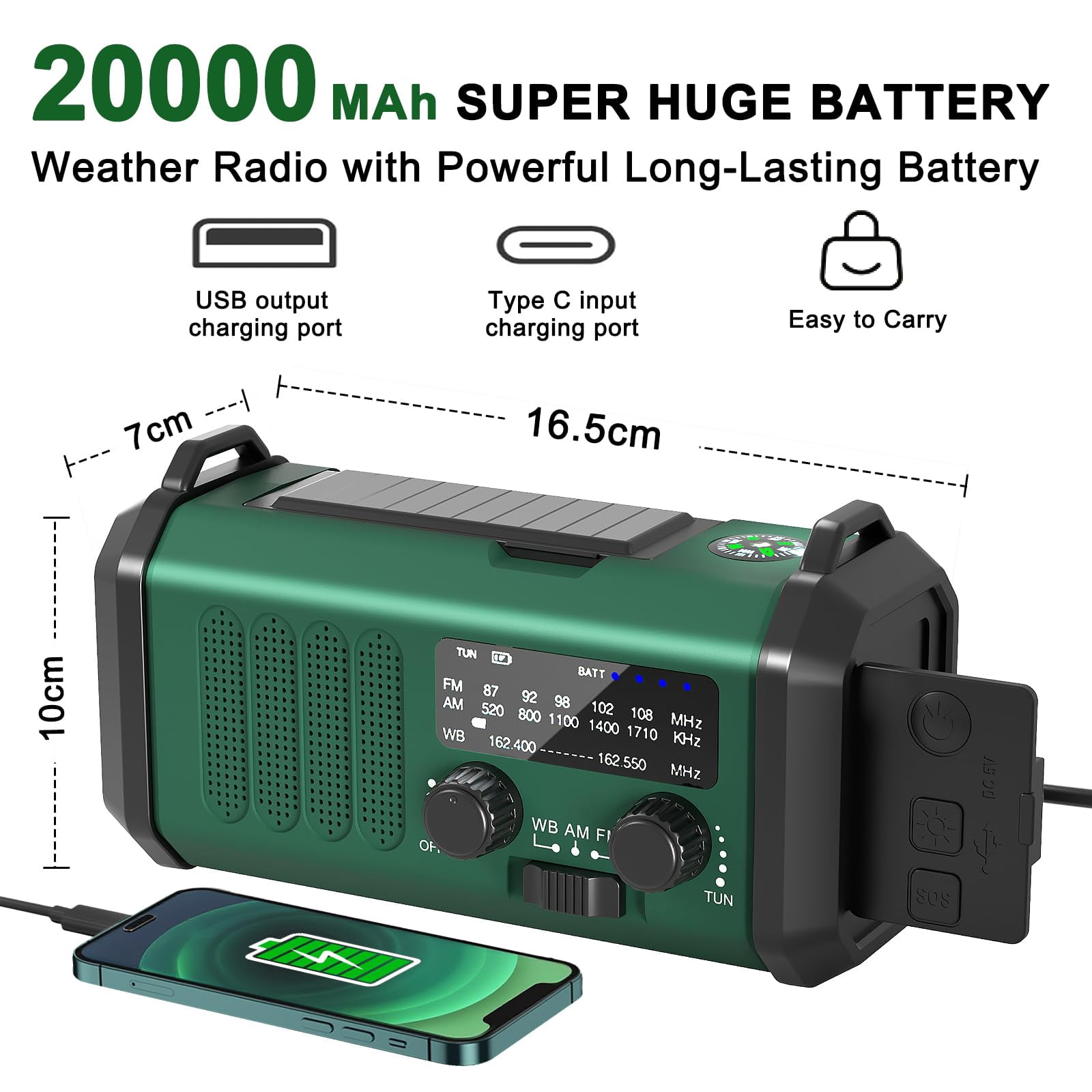 Emergency Radio-noaa Weather Radio 20000mah/74000mwh With Am/fm Portable Solar Panel/hand Crank/ac Input Rechargeable And Flashlight Sos Siren Lamp For Camping Indoor/outdoor Emergencies