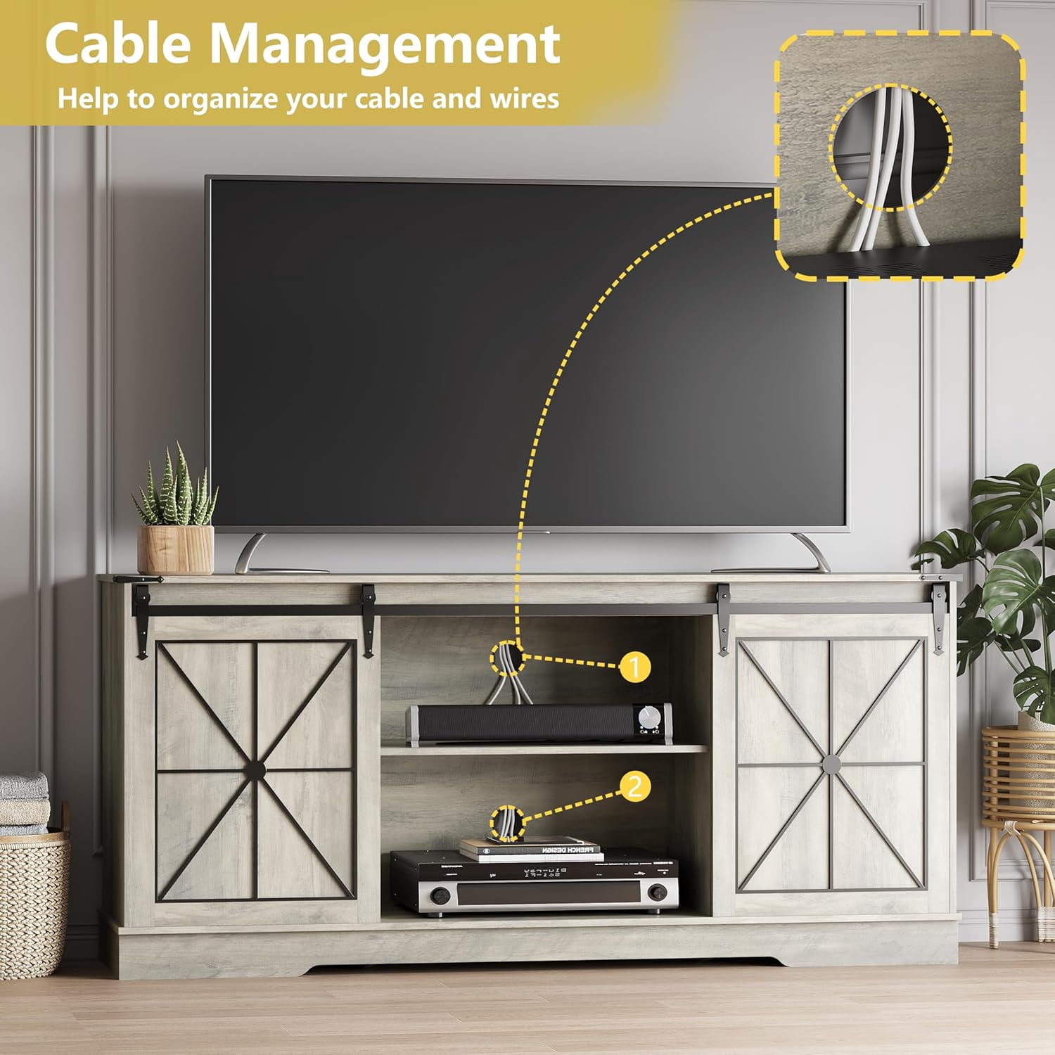 FANRAL Farmhouse TV Stand with Sliding Barn Doors,Rustic Entertainment Center for 65 Inch TV,Media Console with Storage Cabinets & Cable Holes for Living Room,Gray TV Stand