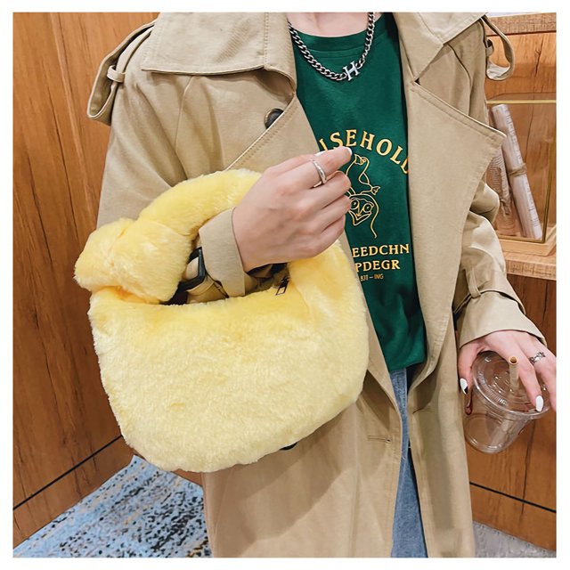 Plush Handbag Cute Stylish Zipper Closure Soft Small Women Tote Bag for Daily PartyYellow