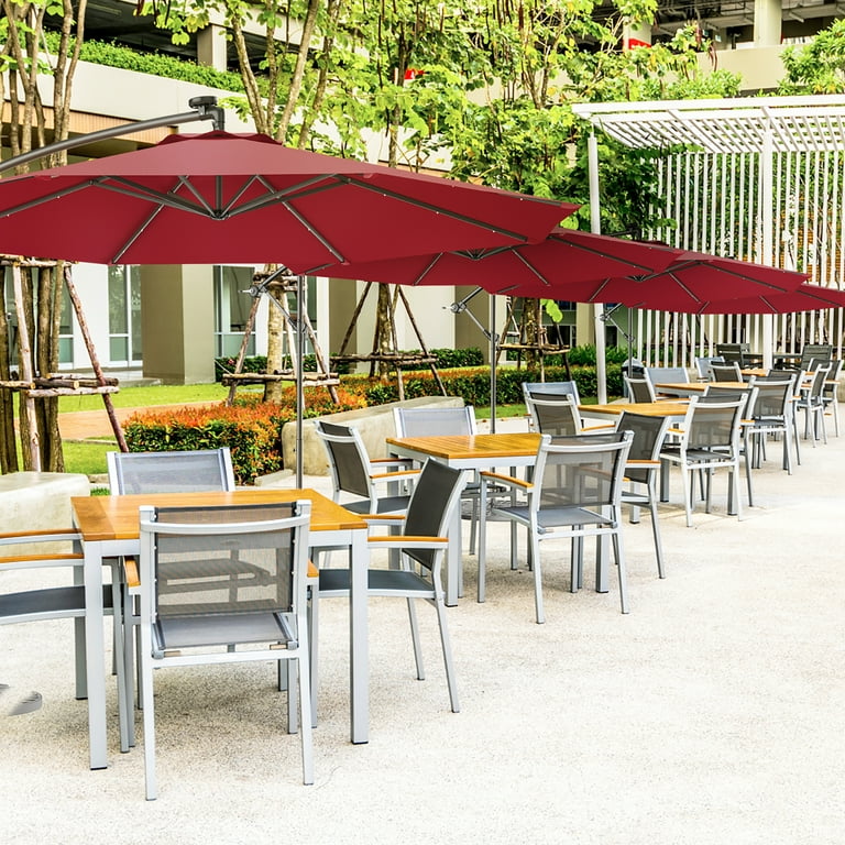commercial patio sun umbrella Costway 10' Patio Umbrella with Lights, Solar LED, Offset Sun Shade,  Burgundy