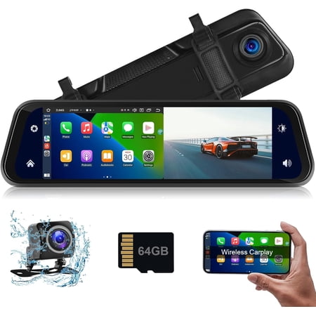 Podofo Car in-Mirror Mounted Dash Cam with Front & Rear View Camera Wireless Carplay Android Auto Car Driving Recorder with 9.66 Inch IPS Touchscreen Support DVR Voice Control Call FM Transmitter