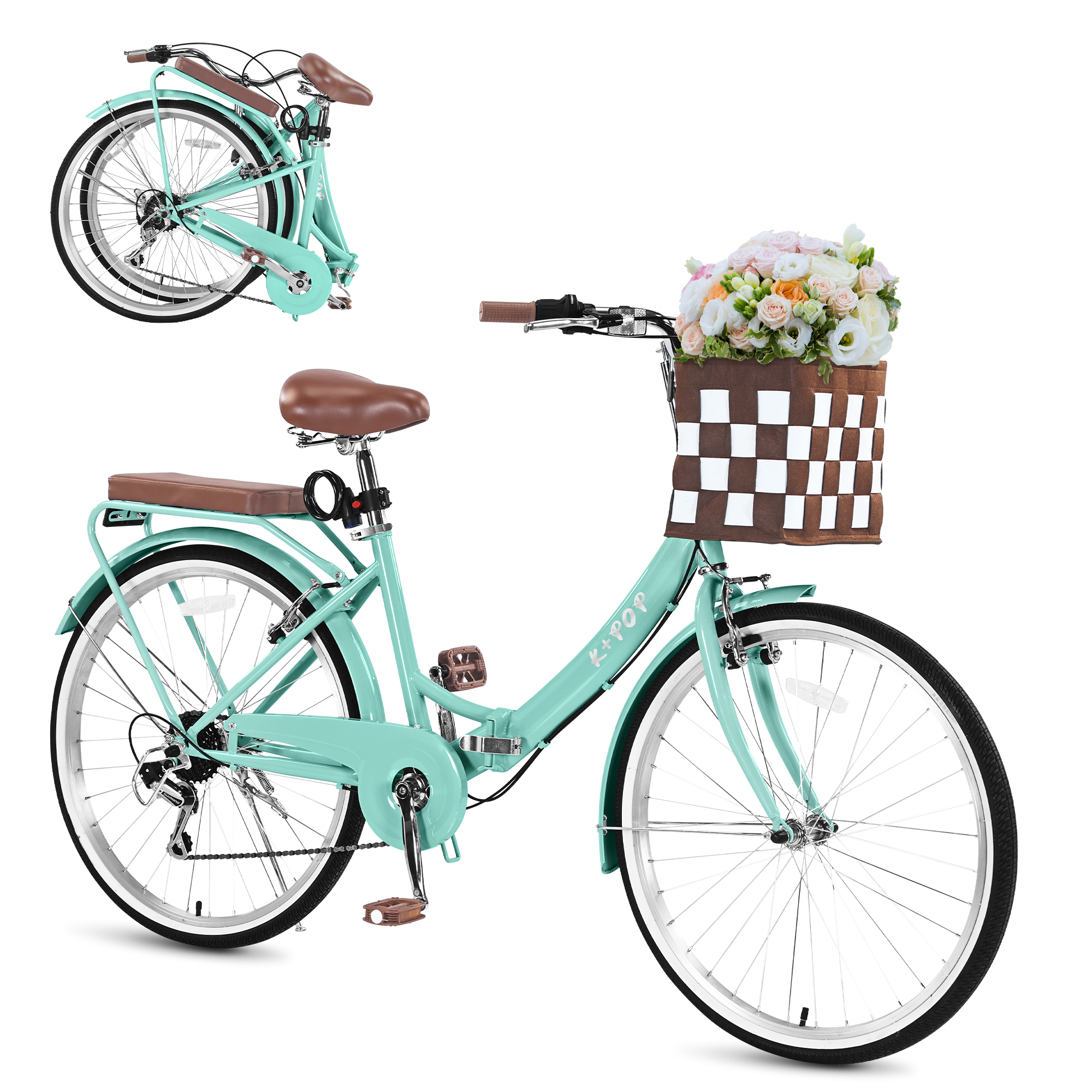 Folding Women Bicycle 24", 7 Speed Beach Cruiser Bike for Women, High Carbon Steel Frame Ladies Bicycle with Basket& Rear Rack, Commute Bike for Women Adults, Multiple Colors