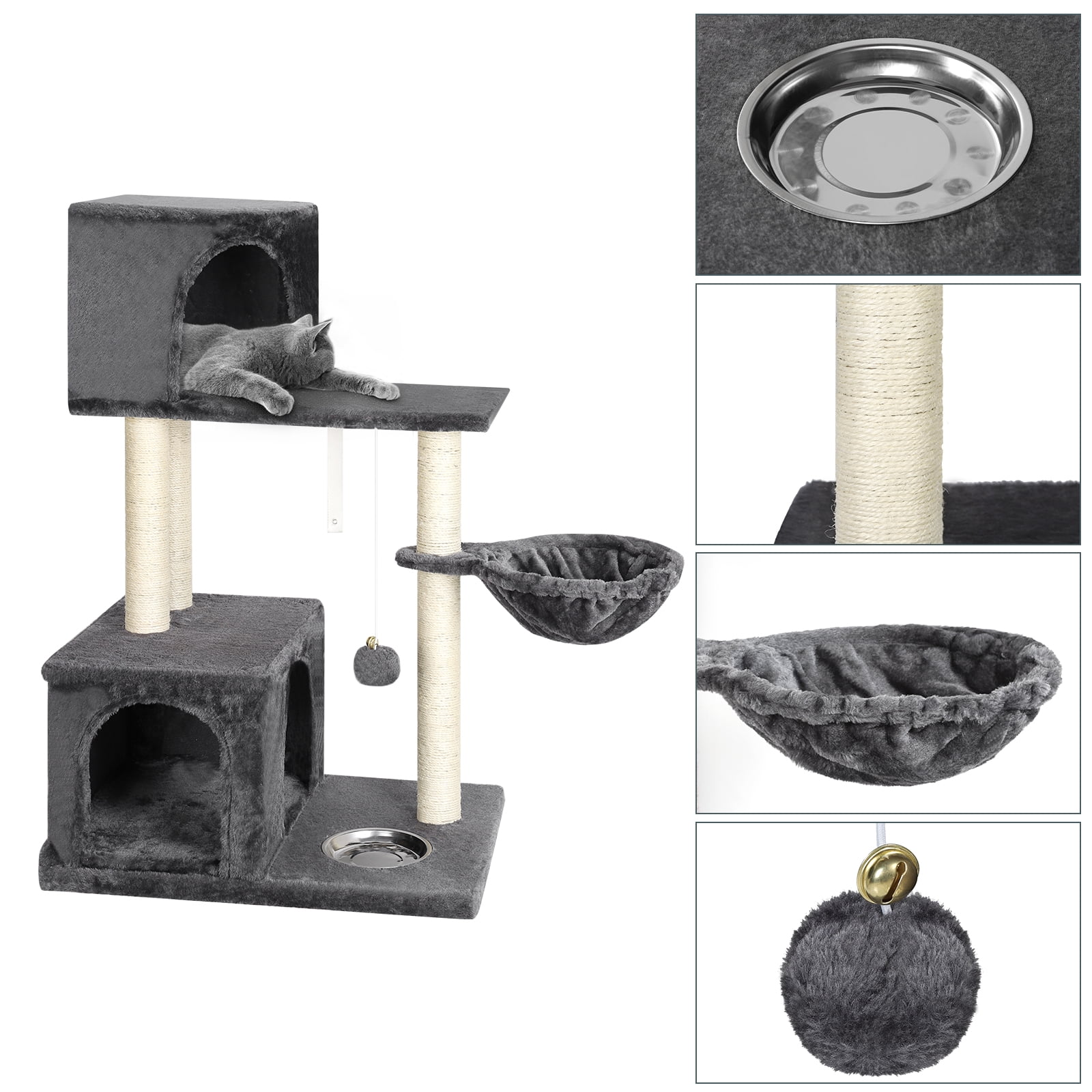 OYEAL 37'' Multi-Level Cat Tree Indoor, Multi Level Play Tower with Scratching Posts, Fur Ball & Feeding Bowl for Climbing & Resting (Grey)