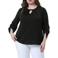 thumbnail image 1 of Blusas plisadas de trabajo para mujeres de tallas grandes GRACE & GRANDEUR, con cuello redondo y abertura, mangas 3/4, talla 2X, color negro, 1 of 1