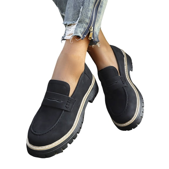 Womens Loafers Suede Round Toe Platform Lug Sole Chunky Low Heel Classic Slip on Penny Loafers Comfy Walking Shoes Black Size 8