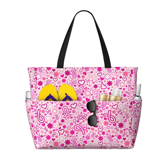 Fotbe Breast Cancer Awareness2 Pattern Water-Resistant Beach Travel Bag - Large Capacity Tote with 7 Pockets, Lightweight Design for Women & Men, Perfect for Beach, Pool & Gym
