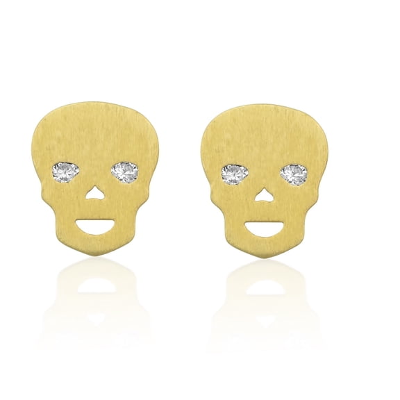 14K Yellow Gold Cz Small Skull Stud Earrings - 0.27in