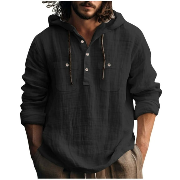 HUJlwoi Cotton Linen Shirts for Men Lightheight Long Sleeve Hoodie Shirt with Two Pocket Casual Trendy Beach Vacation Outfits
