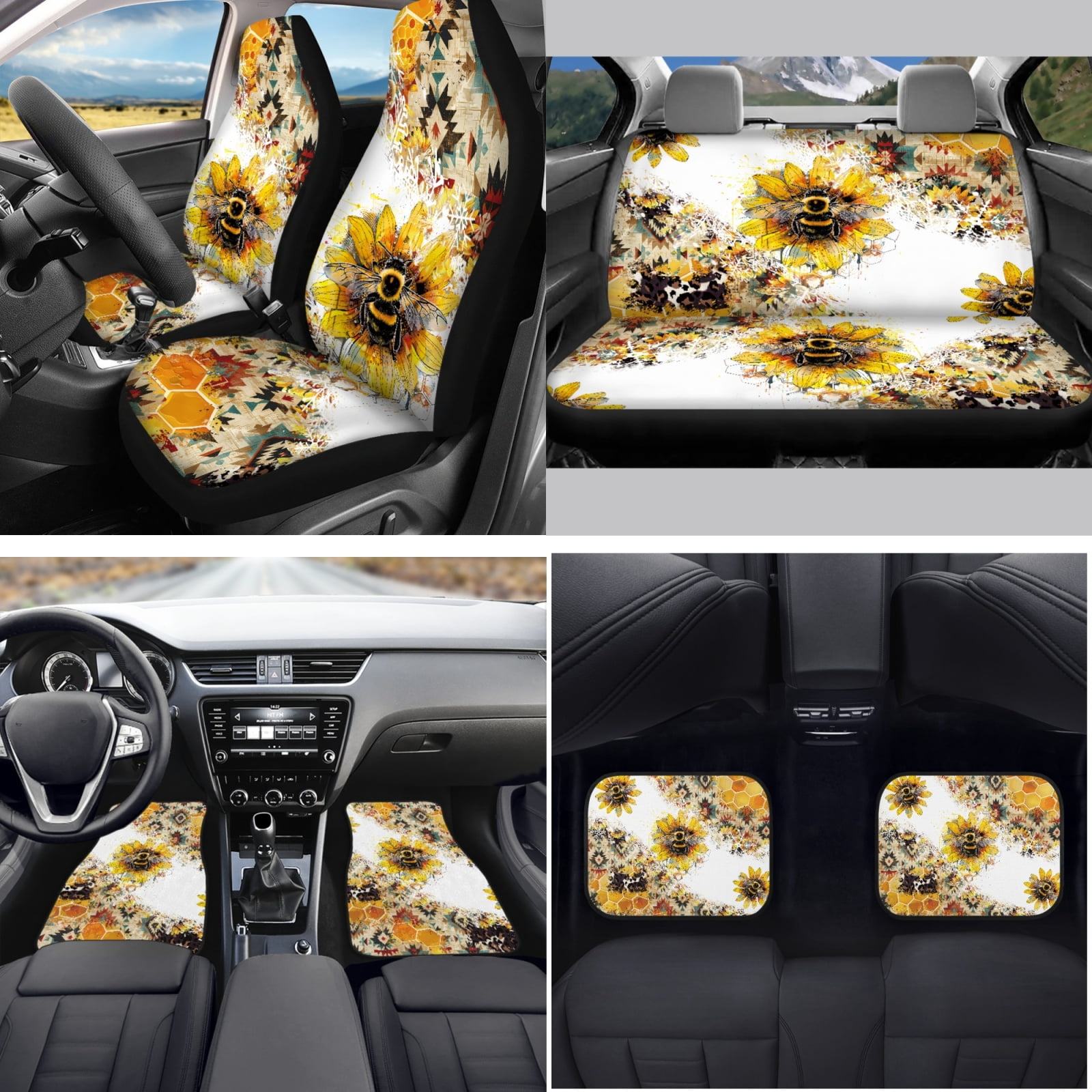 Yuyamidu Bee Car Seat Cover Set of 15 Yellow Sunflower Auto Carpet Mats Steering Wheel Cover Seat Belt Pad Car Gear Shift Cover Rearview Mirror Cover for Truck Sedan