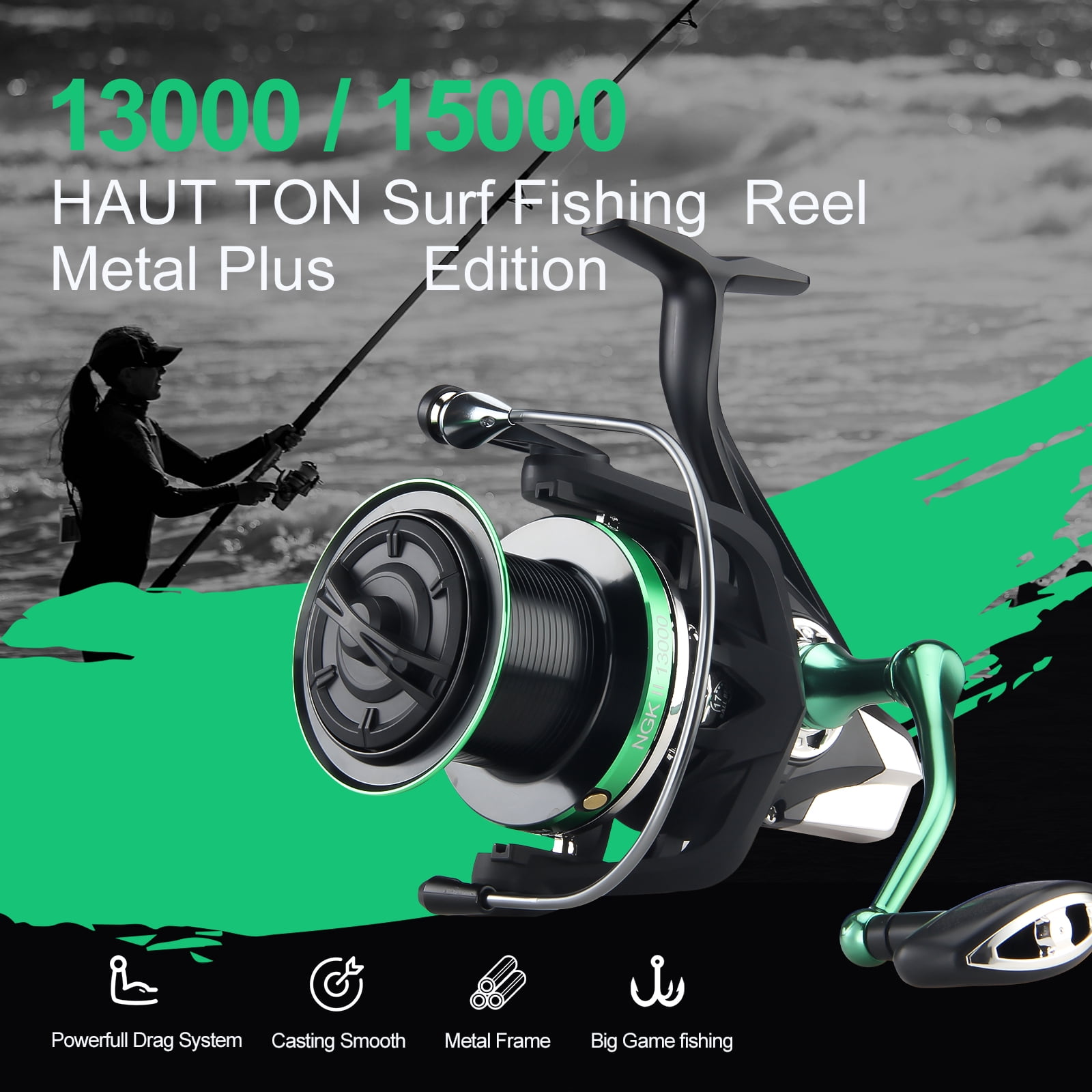 HAUT TON NGKII15000 Spinning Reel, 6+1BB Metal Surf Fishing Reels, 4.8:1 Gear Ratio 55lbs Drag Heavy Long Casting Inshore Saltwater Monster Fish