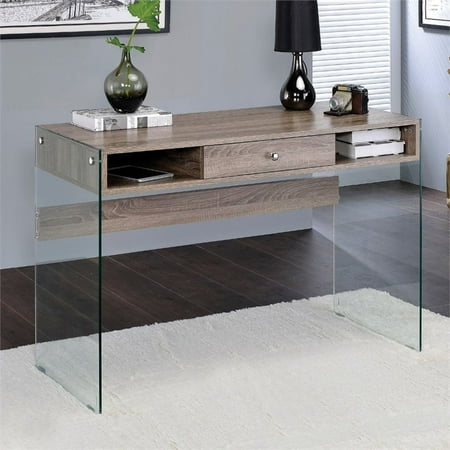 Bowery Hill Writing Desk In Clear Glass And Gray Oak Walmart Com
