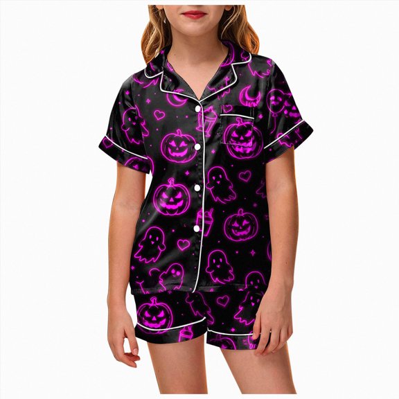 Leey-World Fall Pajamas Kids Girls Satin Pajamas Summer Short Sleeve Button Down Silky Nighty PJS 2PCS Sleepwear Set Size 2-13Years