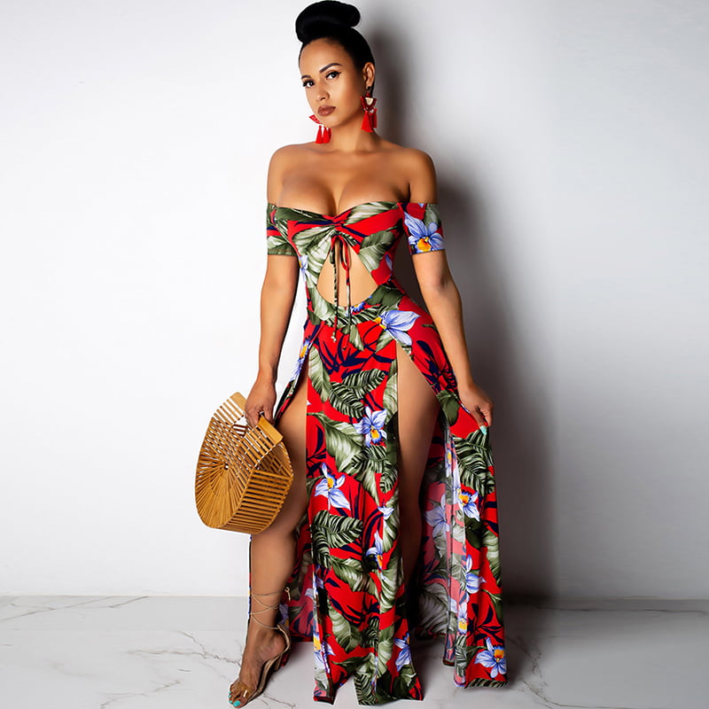 Toppshe Women Floral Print Off Shoulder Maxi Dresses Summer Boho Short Sleeve Beach Dress 