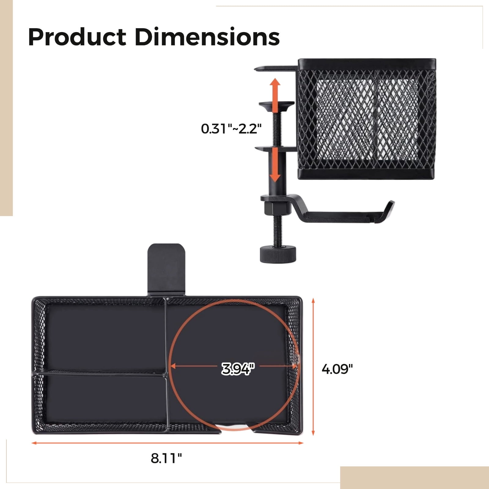 Metal Clip On Cup Holder, Black Metal Desktop Organizer, Desk Accessories Holder Clamp, No-Drill Easy Install for Cups, Bottles, Drinks, Headphones