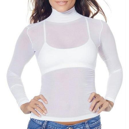 Lupo Second Skin Women's Long Sleeve Turtle Neck Sheer See Through Mesh Top, White