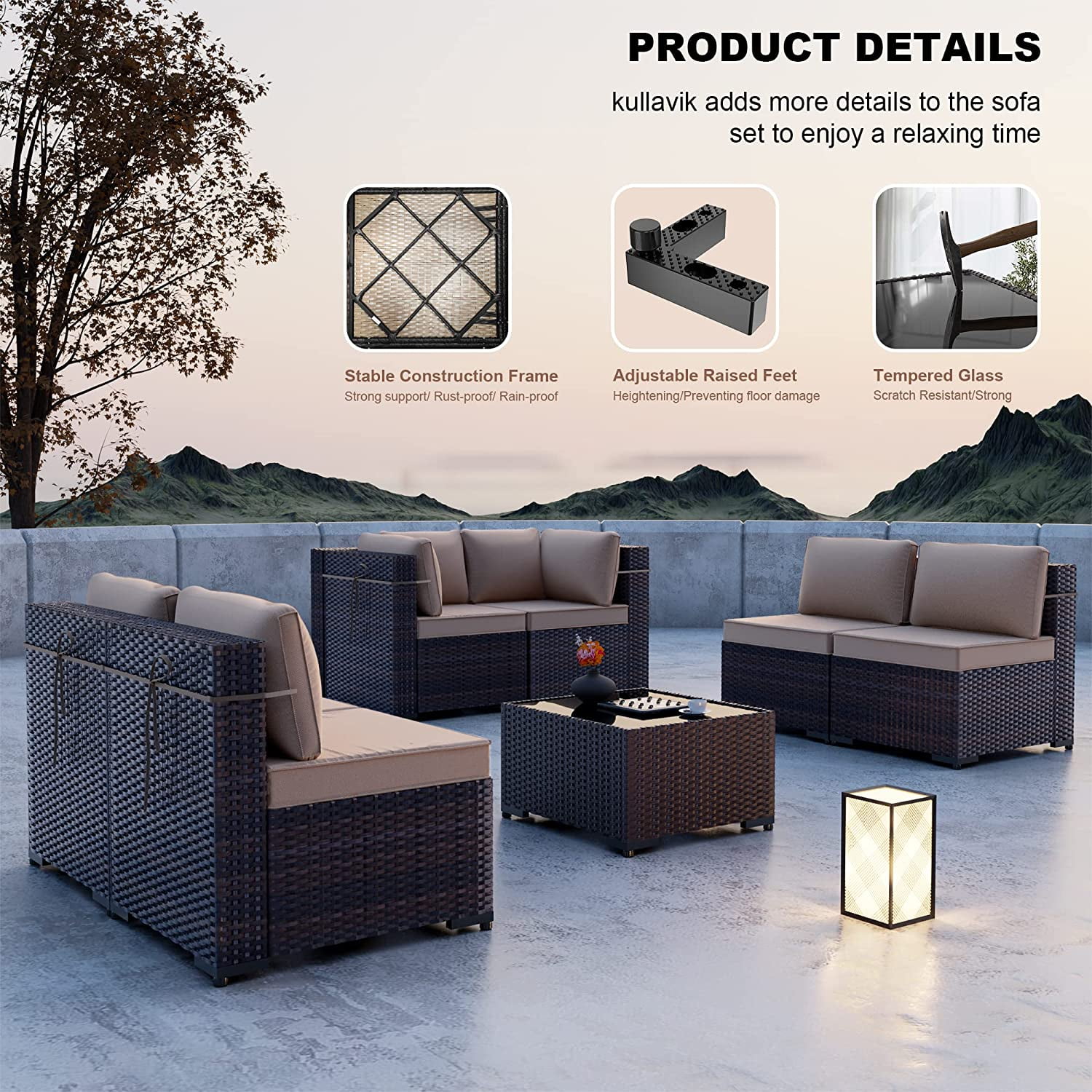 Gotland Patio Furniture Set 7 Pcs Outdoor Sectional Rattan Sofa Brown Sand Cushions,1 Tempered Glass Tea Table