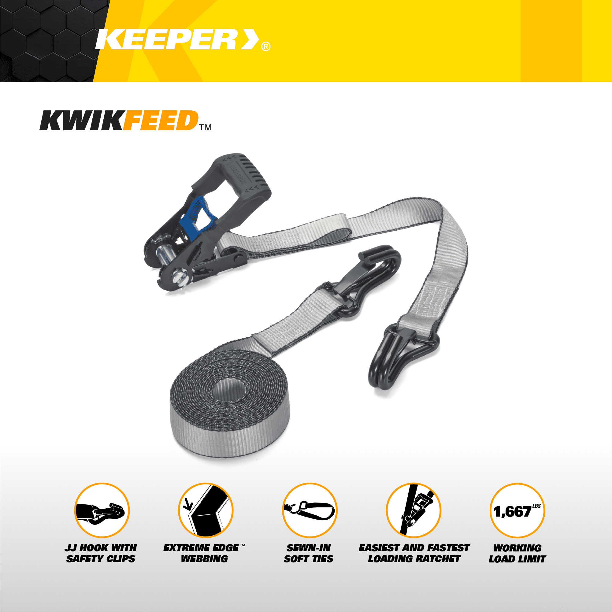 Keeper KwikFeed 1.5" x 16" Ratchet Tie Down Strap with JJ-Hooks, 2-pack