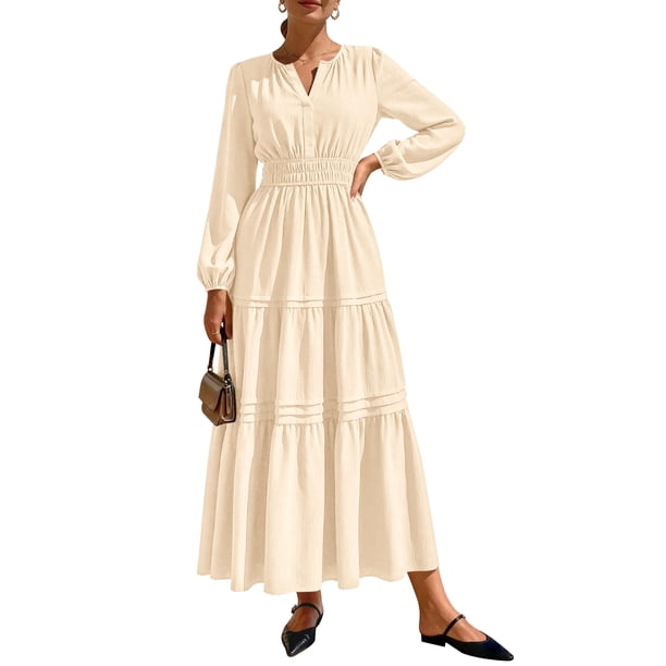 Vestido PRETTYGARDEN 2025 Maxi Cuello en V Manga Larga Beige M