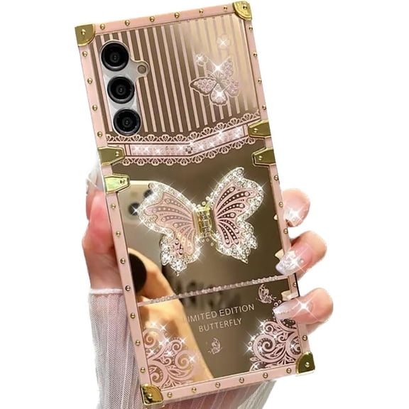 Kickstand Case for Samsung Galaxy S25 Plus, Foldable Butterfly Stand Bling Diamond Mirror Back Golden Plated Shockproof Enhansed Protection Cute Cover for Woman Girl for S25 Plus 6.7", Pink