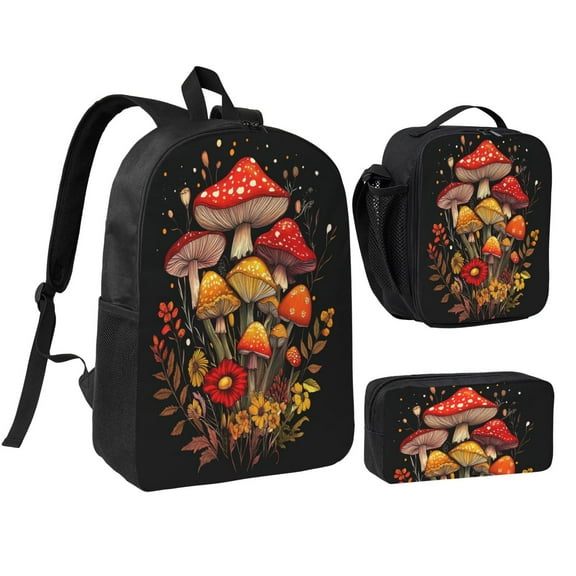 Colorful Mushroom Pattern Backpack 17 Inch Set with Lunch Bag and CaseDurableTravel Bag Combo for Work Commuting Daily Use