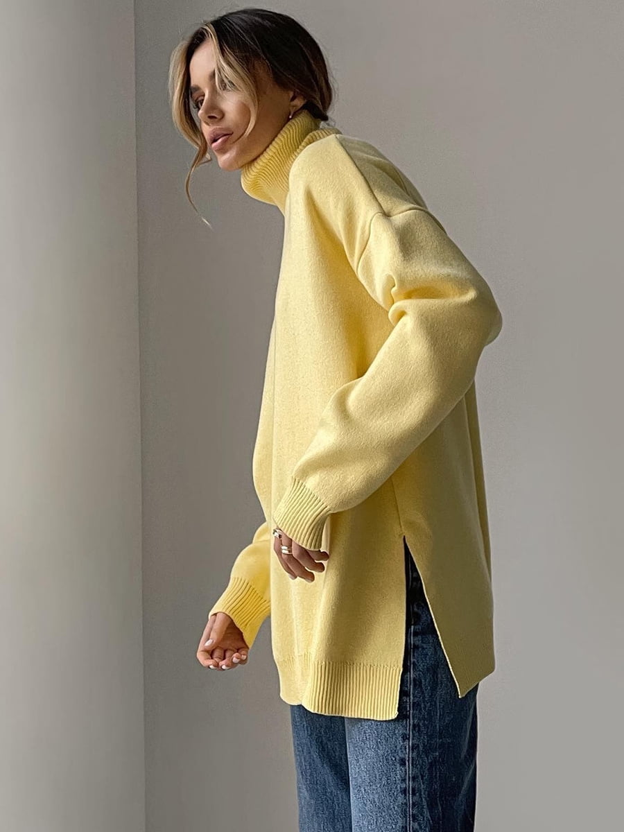 SEARIPE Women Solid Turtleneck Sweater Casual Long Sleeve Knitted Pullover Sweater Tops with Side Split Yellow S