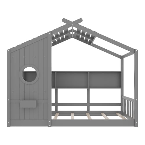 Generic Twin Size Floor House Bed for Toddler, Kids Montessori Bed with Storage Shelf, Playhouse Bed with Roof Design, Gray