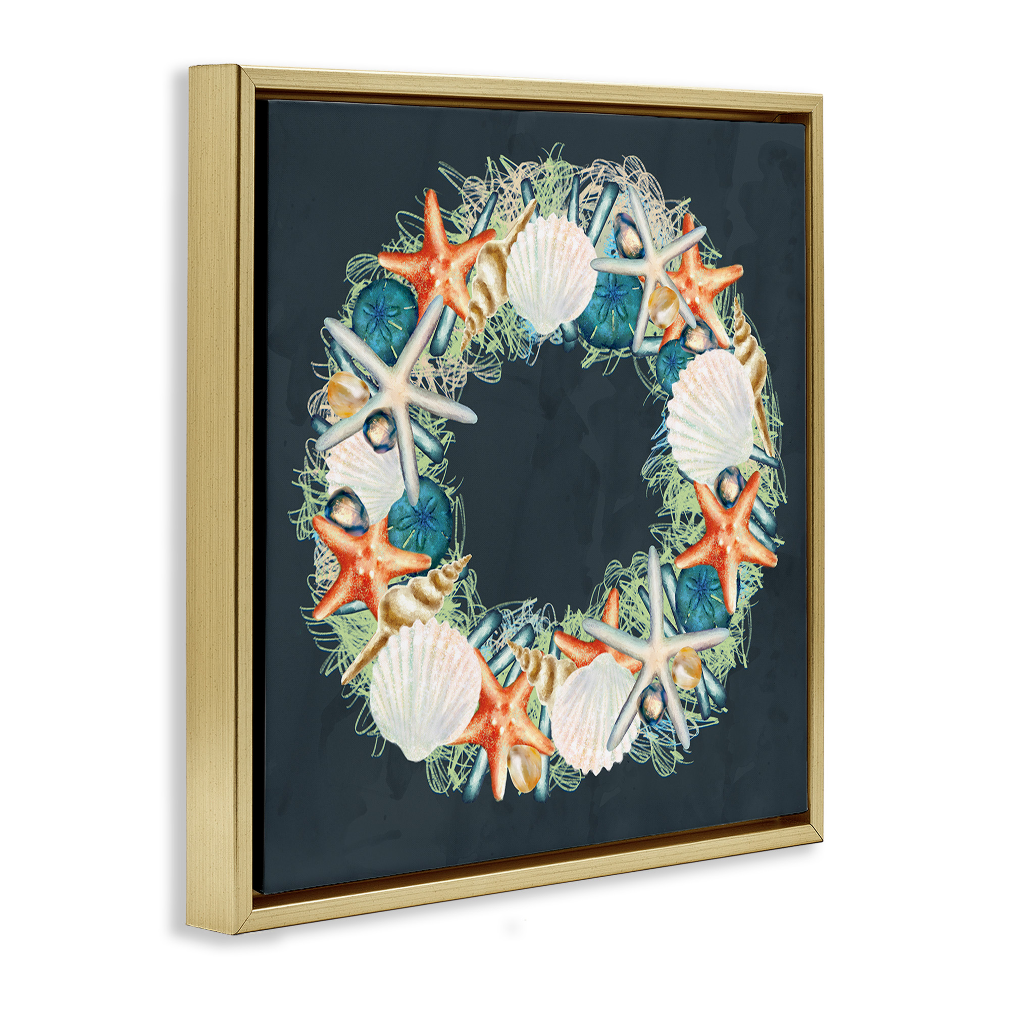 Stupell Industries Starfish and Nautical Seashell Wreath Animals & Insects Painting Gold Floater Framed Canvas Art Print Wall Art, 25 x 25