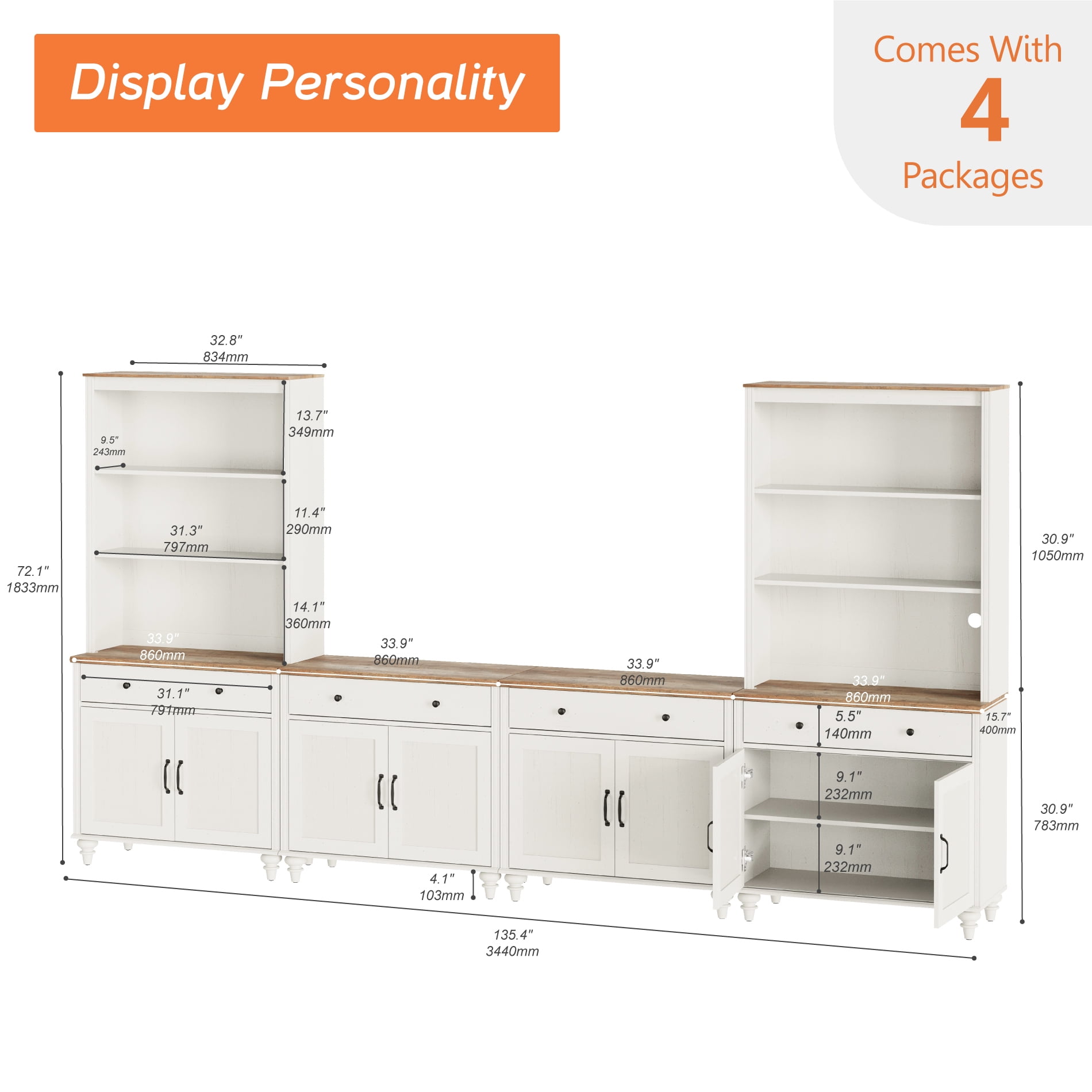 Entertainment Center with Bookshelves for TVs up to 75", Farmhouse Wall Unit TV Stand with 8 Doors & 4 Drawer, Media Console Table for Living Room, Bedroom & Home Theater, Off White