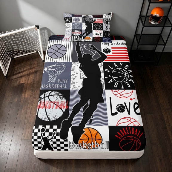Manfei Boys Basketball Twin Fitted Sheet, Sport Plaid Bedding, Black Red 2-Piece, 1 Fitted Sheet and 1 Pillowcase