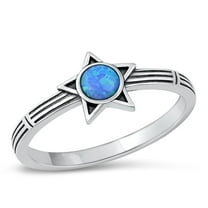 CHOOSE YOUR COLOR Star Round Blue Simulated Opal Ring .925 Sterling Silver Band CZ Female Size 8