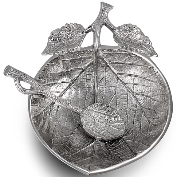 Zion Judaica Rosh Hashanah Artistic Honey Plate with Spoon Apple Shaped Leaf Elegant Honey Dish for Apple Dipping Tradition Jewish New Years Decorations - Nickel