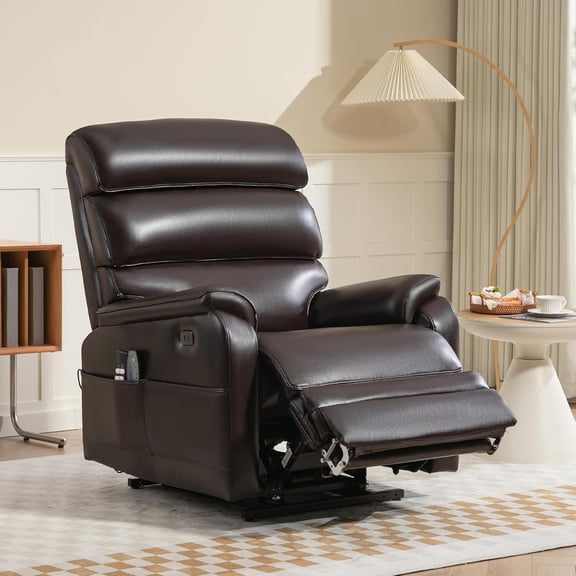 Power Lift Recliner Chair, Big Tall Man Lay Flat Ergonomic Lounge with Extended Footrest for Elderly People, Single Sofa Heat & Massage. Home Theater Seat, USB&Type-C Port (PU Leather, Reddish Brown)