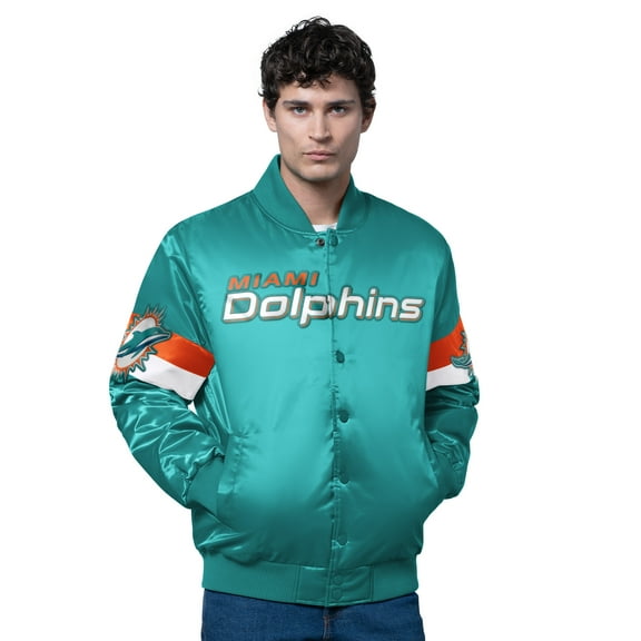 Men's Starter Aqua Miami Dolphins Triple Option Satin Varsity Full-Snap Jacket