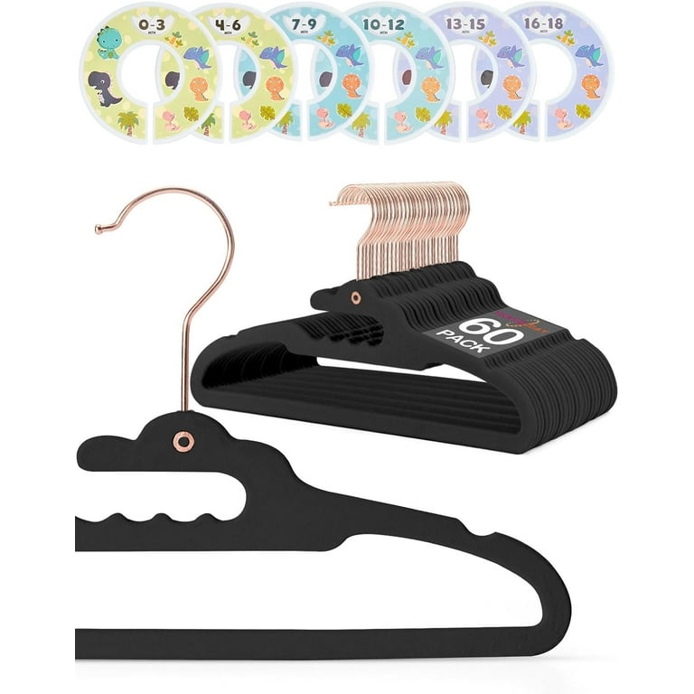 HOUSE DAY Baby Hangers Velvet 60 Pack Dino 11.4 Baby Clothes Hangers for kids with 6 Pcs Dividers Black
