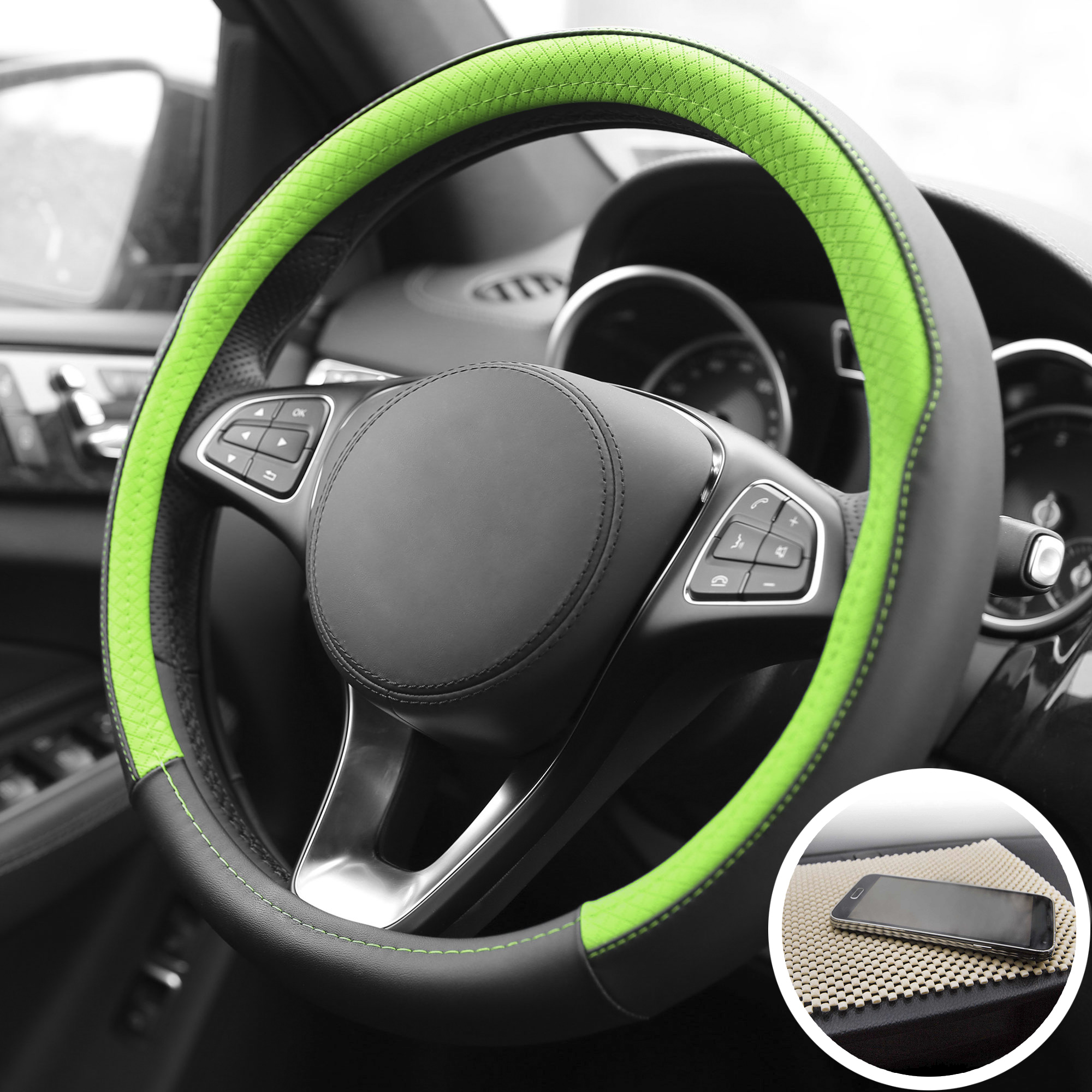 FH Group Two Tone Steering Wheel Cover Leather For Auto Green Black w